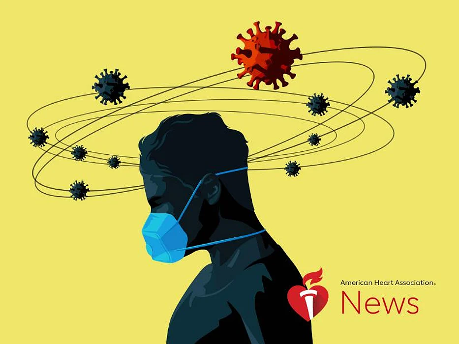 A silhouette of person wearing a mask with a yellow background, labeled American Heart Association