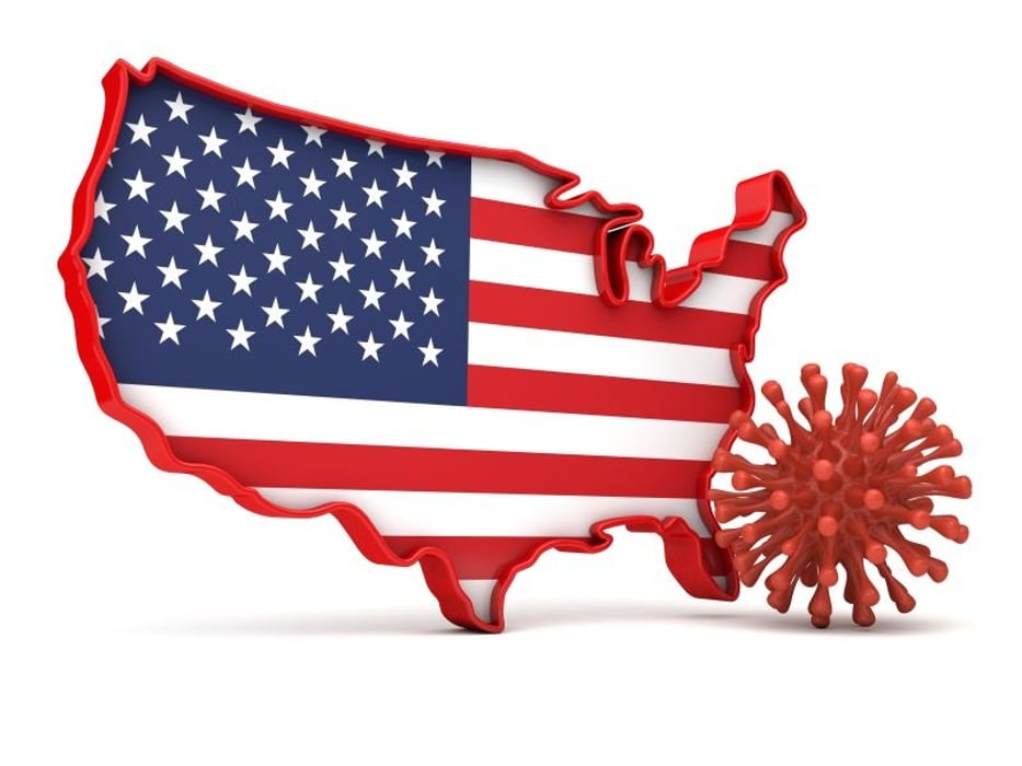 united states graphic with american flag with red coronavirus cell
