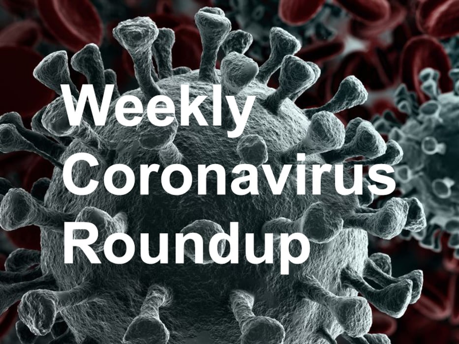 gray coronavirus cell on red background with weekly coronavirus roundup text