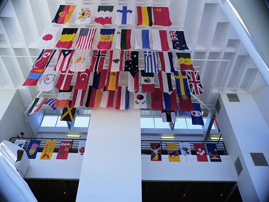 flags hanging from ceiling