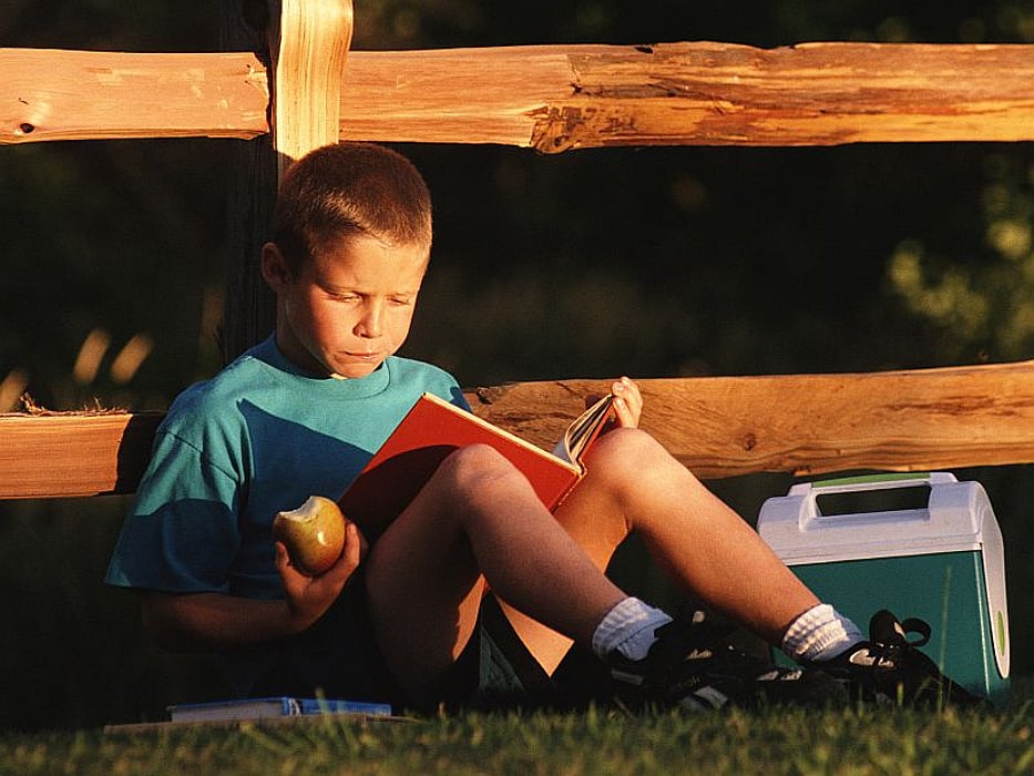 boy reading a book outside
