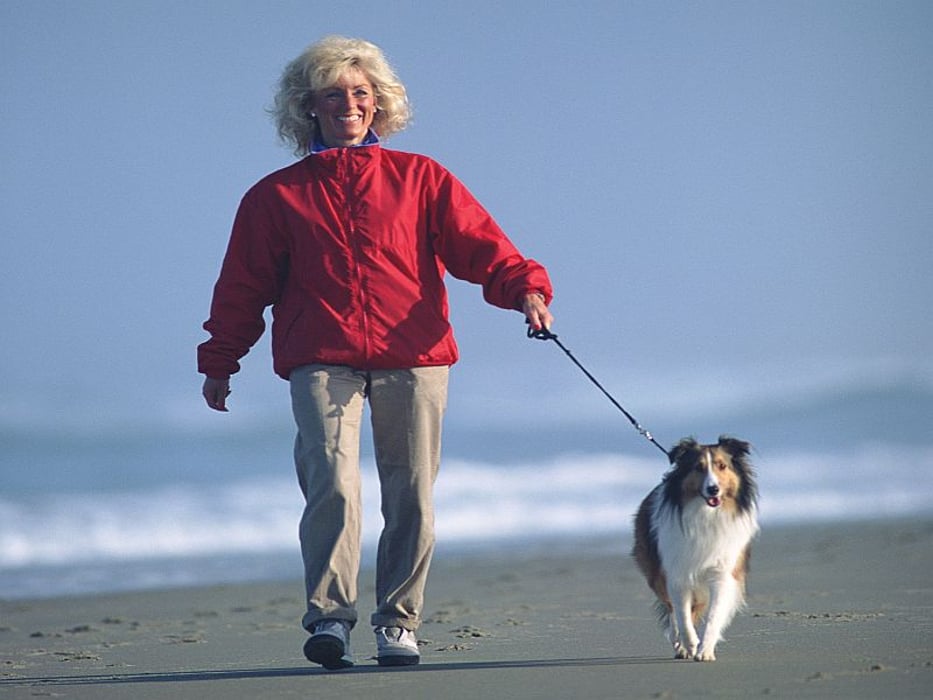 woman walking dog on beach