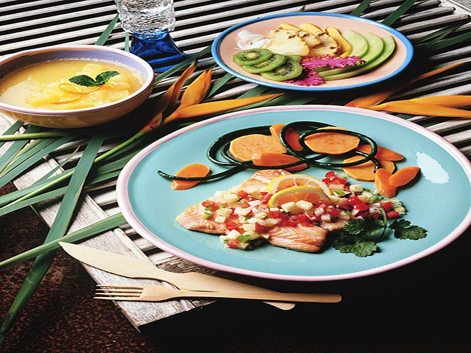 fish dish with soup and fruit plate
