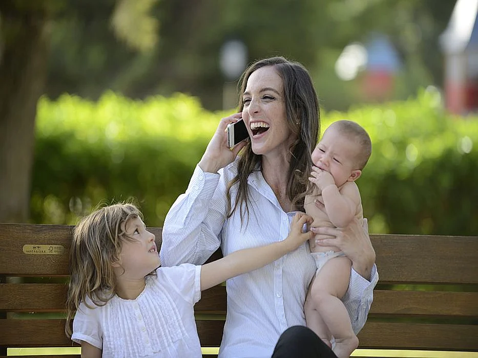 busy mother and kids