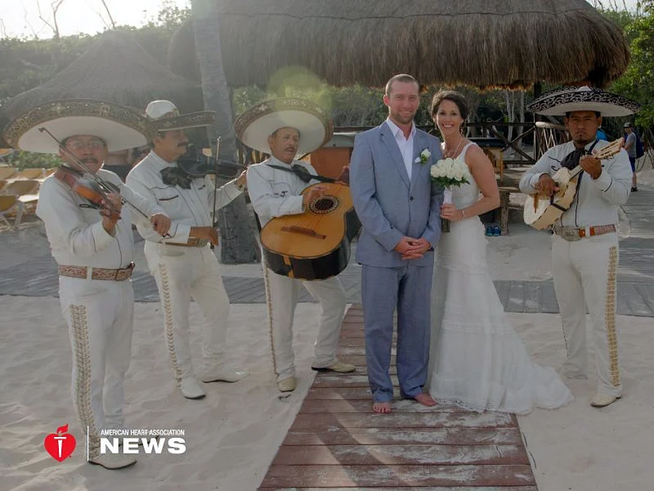 Sara and Court Hoffman on their wedding day in Mexico, only days after her heart attack