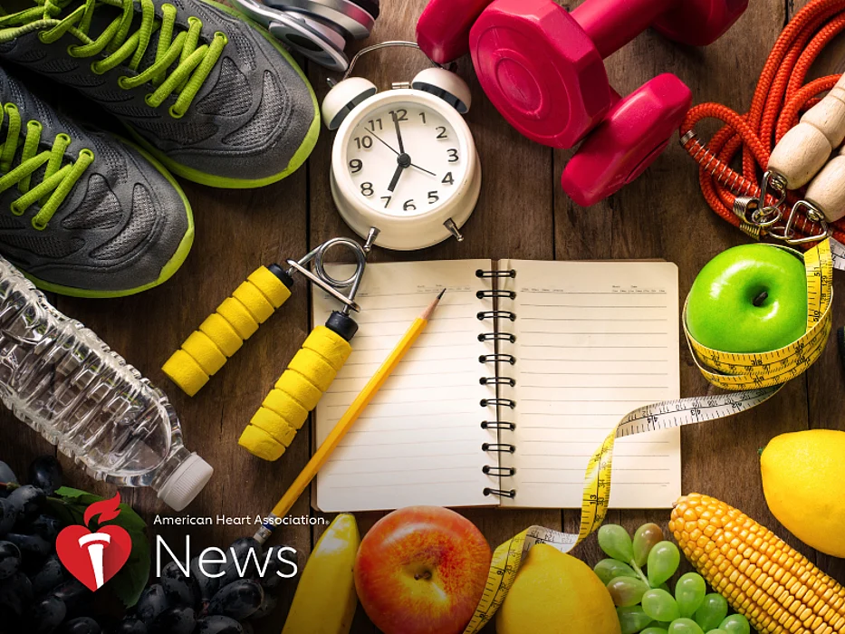 veggies, fruits, weights, sneakers, clock