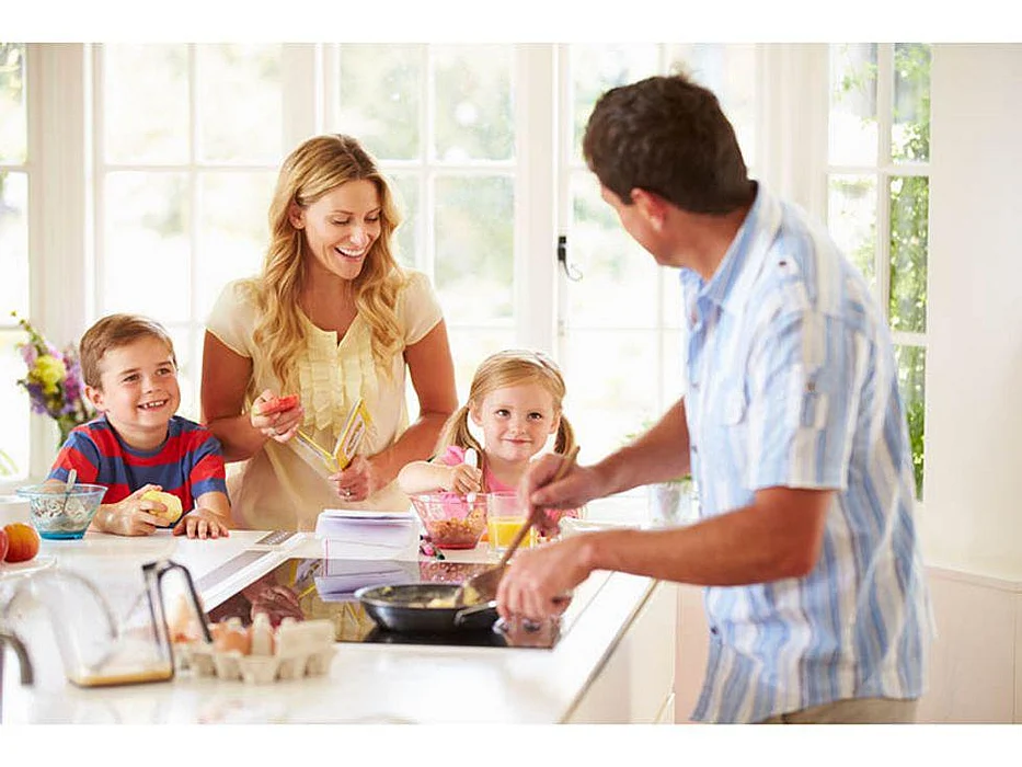 family making breakfast