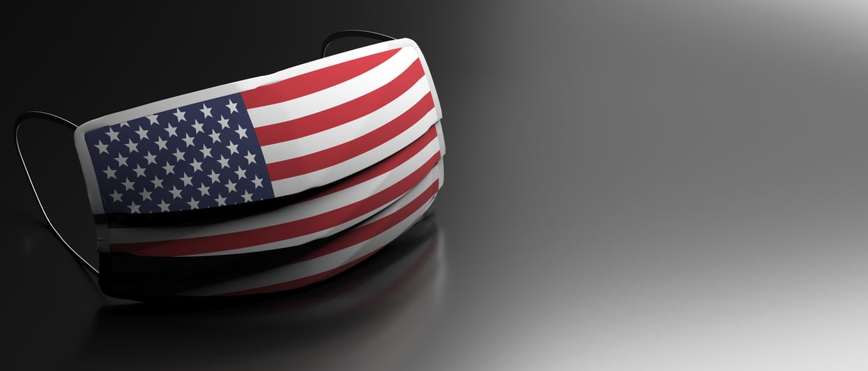 Coronavirus in USA, protective surgical american flag mask on black background. 3d illustration
