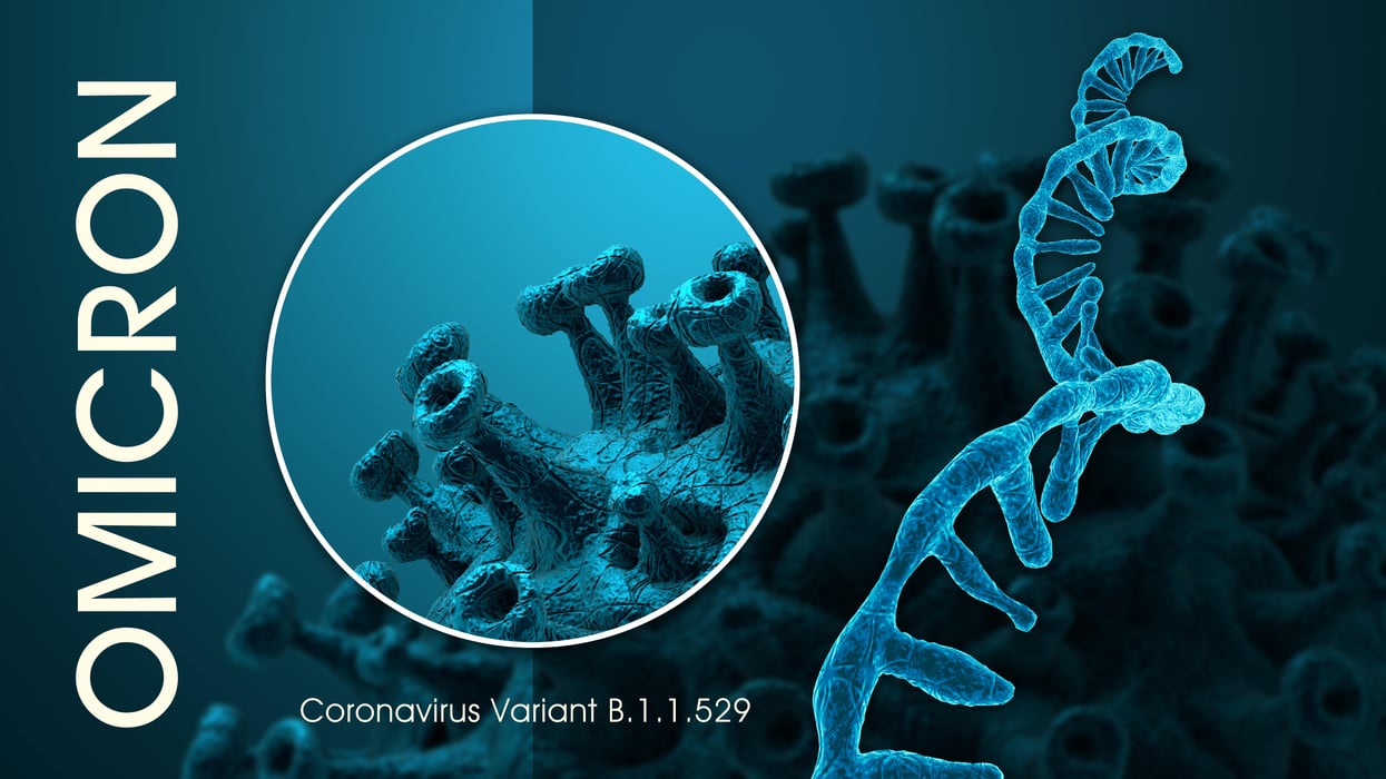SARS-CoV-2 Coronavirus variant omicron B.1.1.529. Microscopic view of a infectious virus cell. 3D Rendering