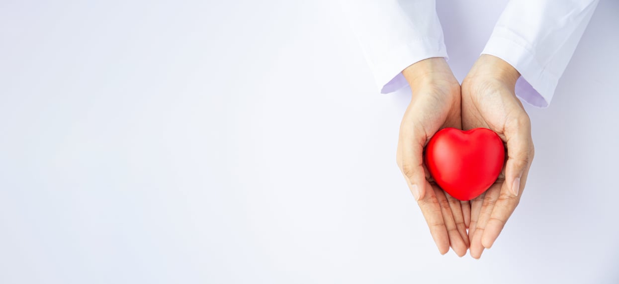 white woman doctor hands holding a symbolic red heart on white background
